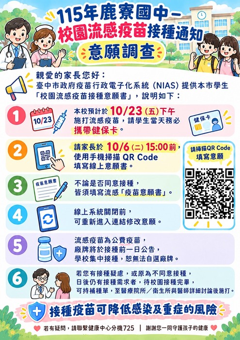 鹿寮國中115年流感疫苗意願通知