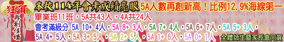 114年會考成績亮眼5A人數再創新高！比例12.9%海線第一，畢業班11班，5A共43人，4A計24人