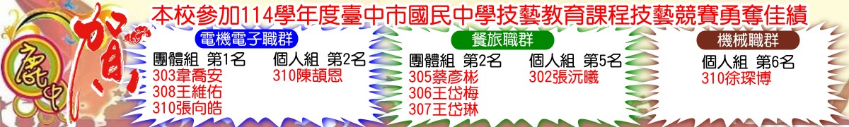 賀!本校參加114學年度臺中市國民中學技藝教育課程技藝競賽勇奪佳績